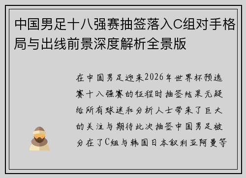 中国男足十八强赛抽签落入C组对手格局与出线前景深度解析全景版